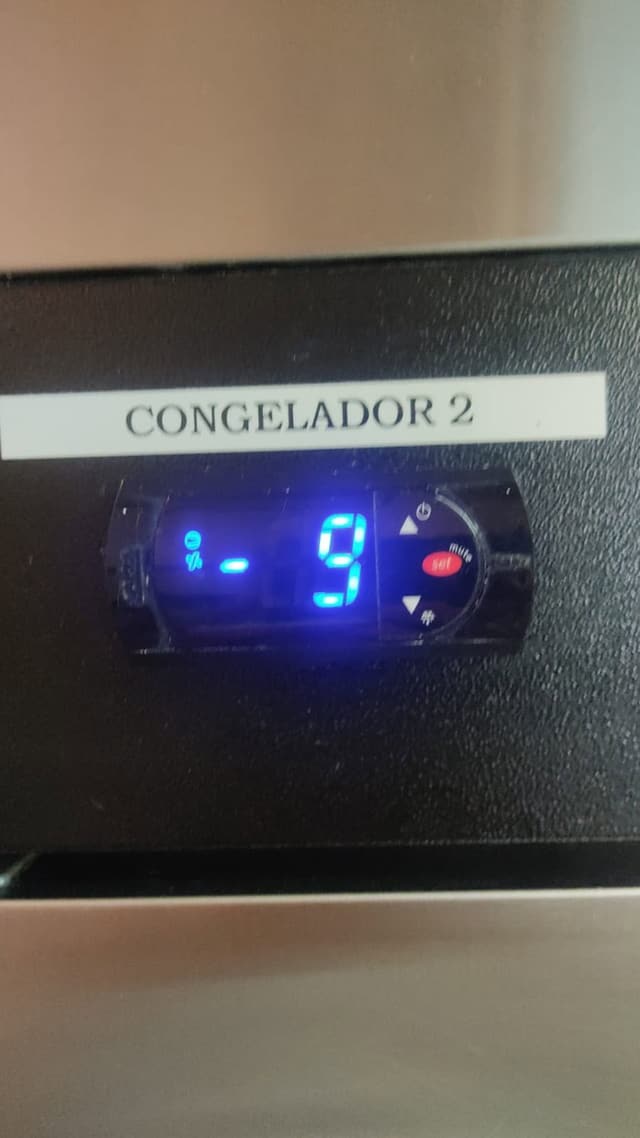 Control digital de temperatura de un congelador marcando -9 °C